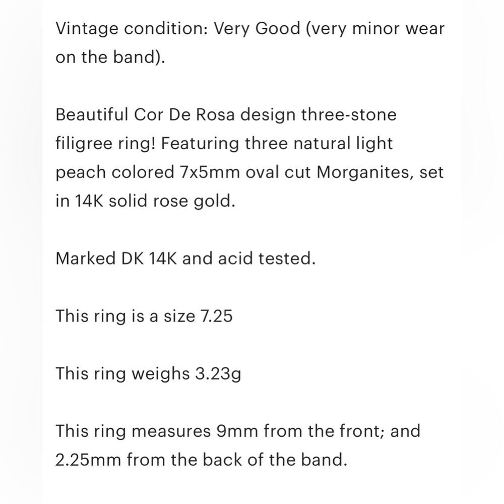 Vintage Filigree Morganite Three Stone Ring: 14K Rose Gold, Size 7.25 - Picture 12 of 12